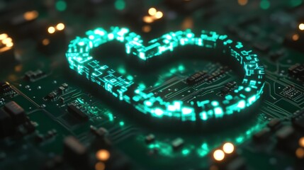 Fototapete - Intricate circuit pathways glow in vibrant blue on a green substrate, revealing complex designs and technology. Light reflections enhance the digital artistry present in this electronic landscape