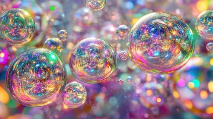 Poster - Spheres of various colors bounce in the air, creating a dynamic and lively atmosphere. Light refracts through them, producing a kaleidoscope of hues and reflections