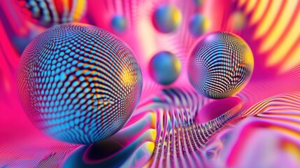 Poster - Bouncing multicolored spheres create a dynamic display in a vibrant landscape filled with swirling patterns and bright colors, enhancing the lively atmosphere of the moment