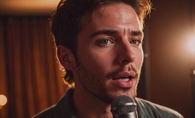 Aufkleber - A man with a microphone is singing. He has a beard and is wearing a black shirt. The image has a mood of sadness and longing