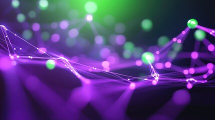 Poster - Glowing particles in vibrant green and purple intertwine, creating a captivating visual reminiscent of a digital universe at night, inspiring feelings of wonder and curiosity