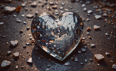 Poster - a heart is shattered on the ground, surrounded by broken pieces. concept of loss and sadness, as the