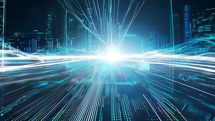 Radiant blue digital data stream with glowing lines, representing technology, innovation, and futuristic communication concepts.