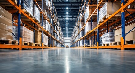 Poster - A Spacious and Organized Warehouse Interior with Storage Racks Filled with Boxes and Pallets Under Bright LED Lighting for Efficient Inventory Management
