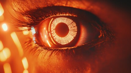 Poster - Close-up of an eye illuminated by scanning radial light, creating a captivating glow. The intricate patterns enhance the depth and mystery of the gaze, highlighting the unique visual effect