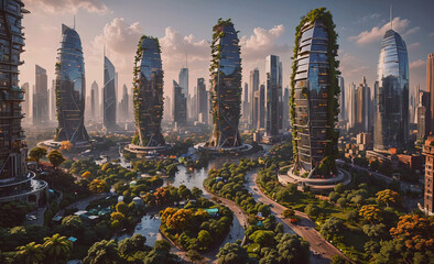 Poster - A city with tall buildings and a river running through it. The buildings are covered in plants and trees, giving the city a unique and natural feel. The sky is cloudy