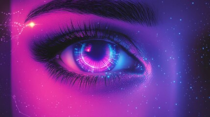 Poster - A captivating eye showcases complex scanning radial light patterns in vivid pink and blue hues, creating a mesmerizing effect that blends technology and art