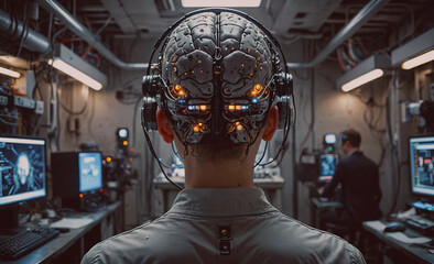 Aufkleber - A man wearing a headpiece with a brain on it is looking at a computer monitor. The scene is set in a room with multiple computers and monitors, and the man is in a lab or a research facility