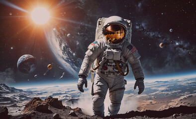 Aufkleber - A man in a spacesuit is walking on a rocky surface in space. Concept of adventure and exploration, as the astronaut is venturing into the unknown. The vastness of space