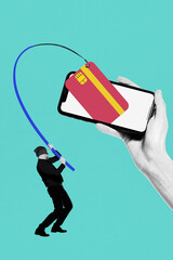 Contemporary art collage. Man uses fishing rod to pull credit card from smartphone screen, representing phishing scams and online financial fraud. Concept of safety in Internet, hacking, scam, crime.