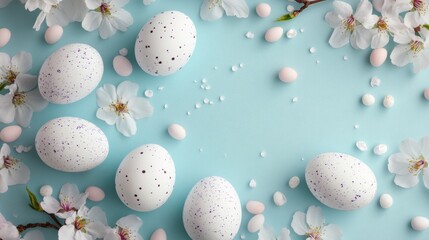 Frame with white and pastel color speckled easter eggs and cherry blossoms on light blue background. Happy Easter concept. Top view, flat lay with copy space