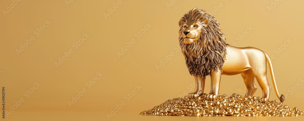 economic windfall concept. A majestic lion standing on a hill of gold ...