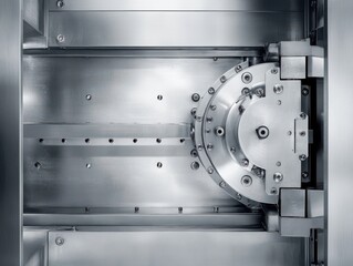 Poster - Detailed Close-Up of a Precision Engineered Machine Component Showcasing Modern Industrial Design with Metallic Finishes and Intricate Fastening Mechanisms