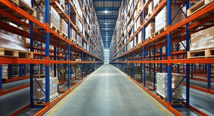 Poster - Efficient Warehouse Interior with Organized Shelving for Optimal Storage and Distribution of Goods, Highlighting Inventory Management and Spacious Aisles
