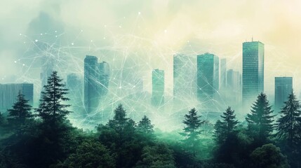 Poster - Cityscape with digital network connecting buildings, trees. AI tech impact on eco-friendly urban design. Future concept for sustainable urban spaces. Illustrative image for presentation on