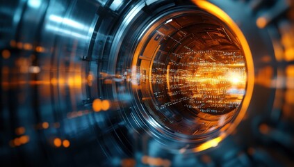 Poster - Futuristic Data Flow in High-Tech Tunnel Featuring Bright Orange Light and Digital Particles in a Metallic Environment for Technology and Innovation Themes