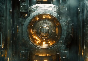 Poster - Futuristic Metal Door with Circular Design and Glowing Elements, Captivating Technology Background for Sci-Fi or Cyberpunk Projects