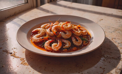 Poster - A plate of shrimp is sitting on a table. The plate is white and the shrimp are pink
