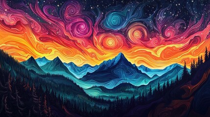 Vibrant abstract landscape with colorful swirling skies and mountain silhouettes

