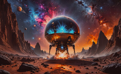 Poster - a spaceship is floating in space with a large mirror on the front. the background is a colorful, roc