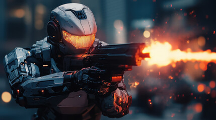 Poster - Futuristic AI Robotic Soldier Firing Advanced Weapon in a Dystopian Setting