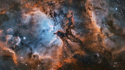 Wall Mural - dark nebula illuminated by blue and orange glow, intricate dark nebula structure with bright blue an