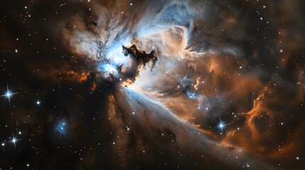 Wall Mural - explosive nebula formation with glowing core, active nebula with vivid blue and orange gas clouds em