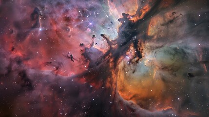 Wall Mural - vibrant cosmic nebula with multicolor gas clouds, swirling mix of reds, oranges, and greens in a vib