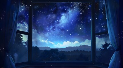 Wall Mural - starry night view through a window with glowing curtains and a forested horizon under a cosmic sky b