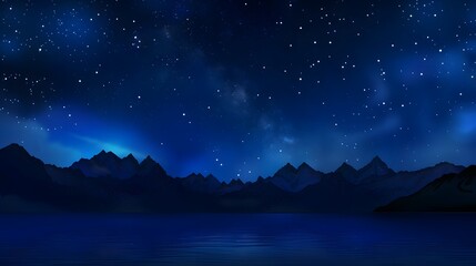 Wall Mural - panoramic night sky with twinkling stars and a serene mountain range reflected in a calm lake backgr