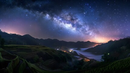 Wall Mural - milky way galaxy arching above misty mountain valley with glowing lights and terraced fields under a