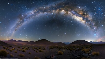 Wall Mural - vibrant milky way galaxy over a desert landscape with golden grasses and distant mountains under a c