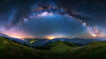 Wall Mural - panoramic milky way arch over rolling grassy hills and illuminated valleys with snow-capped mountain