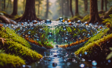Poster - A pond with a lot of bubbles floating on the surface. The bubbles are of different sizes and colors, creating a whimsical and playful atmosphere. The water is calm and serene