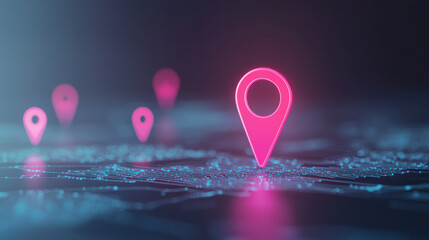 Poster - Digital map with glowing pink location markers and network lines
