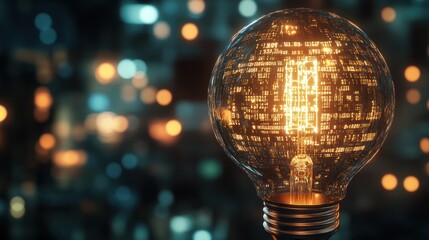 Illuminated lightbulb with code inside, bokeh background.