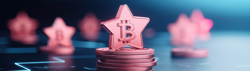 Poster - Bitcoin star token on stacked coins with glowing background