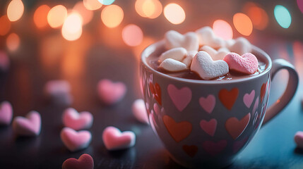 Wall Mural - Warmth in a Cup: Heart-Shaped Marshmallows Floating in a Cozy Coffee