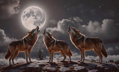 Aufkleber - Three wolves are standing on a rocky hillside, howling at the moon. The image has a moody and mysterious atmosphere, as the wolves seem to be communicating with each other in the darkness
