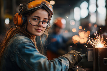 Poster - Welder engaged in precision work with colleagues in industrial workshop