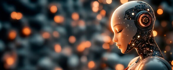 Wall Mural - an humanoid robot with glowing gold circuitry and white porcelain skin, meditating in the glow of ch