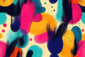 Poster - Colorful abstract pattern design with circles, squiggles. Vivid colors create fun, playful style. Ideal for kids products or trendy fashion. Seamless pattern. Simple shapes. Creative. Minimalist.