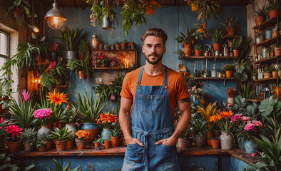 Poster - A man in an orange apron stands in front of a plant nursery. The nursery is filled with various plants and flowers, including a large number of orange flowers