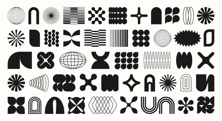 Wall Mural - Brutalist abstract futuristic geometric shape, frame, textbox in trendy retro groovy, Y2K style. Black isolated on white background label sticker element. Flat Vector EPS10 for banner, flyer.