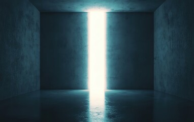 Poster - A surreal scene of a dark room illuminated by a bright vertical light beam.