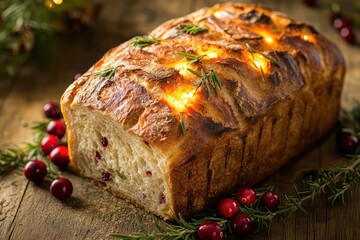 A rustic loaf of artisan bread, warmly lit and surrounded by sprigs of rosemary and dried cranberries, set against a wooden background with soft holiday accents.