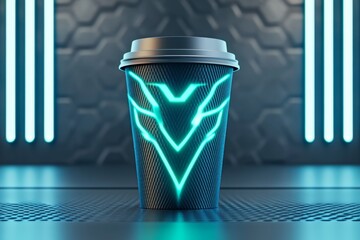 Aufkleber - A futuristic coffee cup with glowing neon lines and a holographic design, placed on a sleek metallic surface