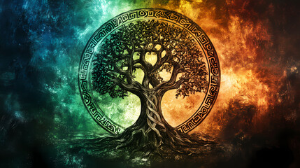 Wall Mural - Tree of life, yggdrasil, futhark runes circle, norse mythology, viking, celtic, vintage colored background. Runes. Illustration