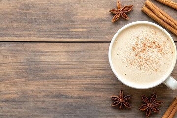 Poster - A high-resolution image of a coffee cup with foam art, set against a rustic wooden background with spices like cinnamon and star anise