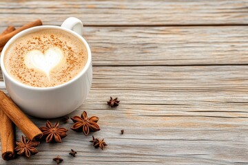 Poster - A high-resolution image of a coffee cup with foam art, set against a rustic wooden background with spices like cinnamon and star anise